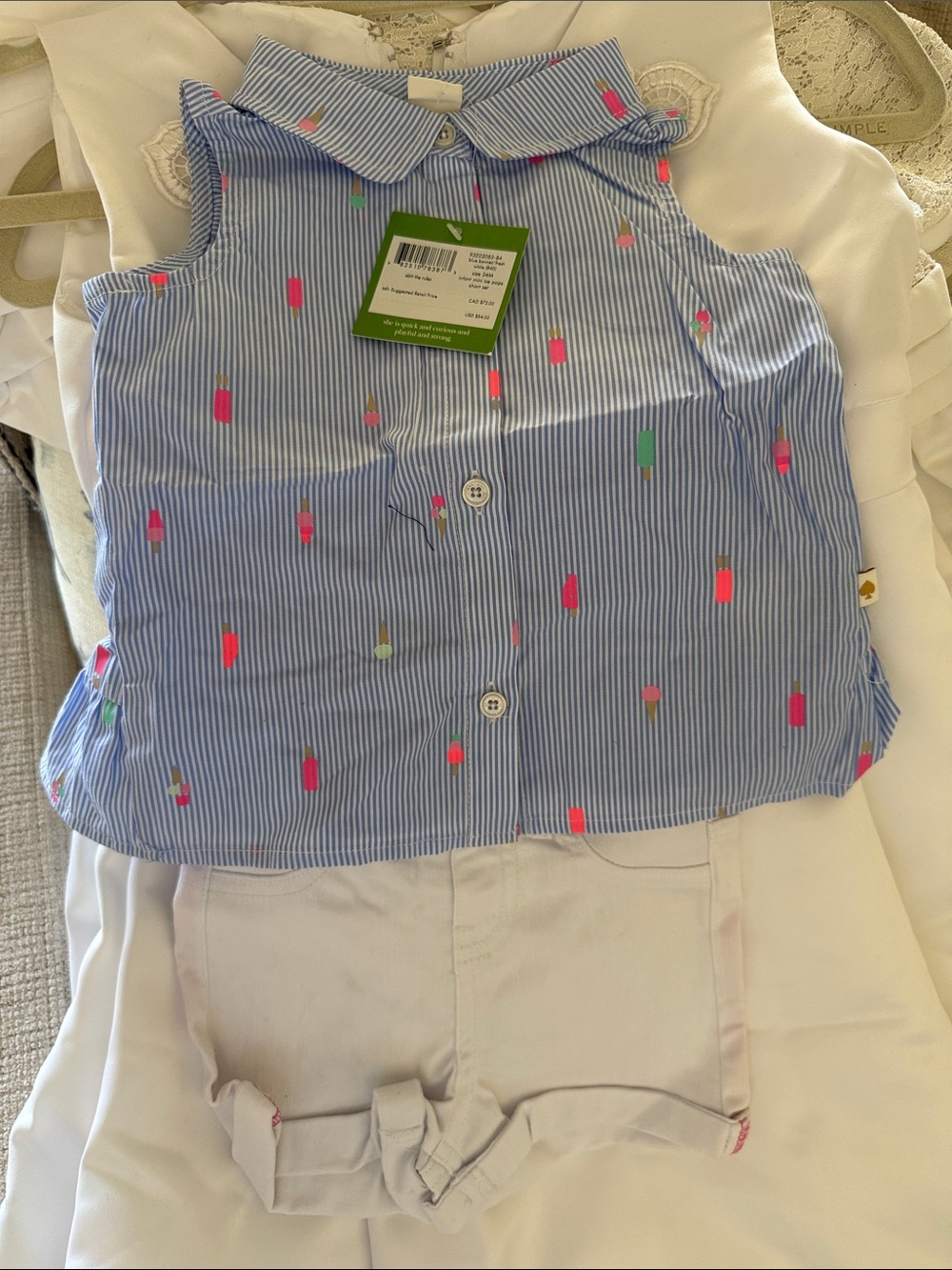 kate spade Blue & White Pinstripe Top with Neon Pops and White Shorts